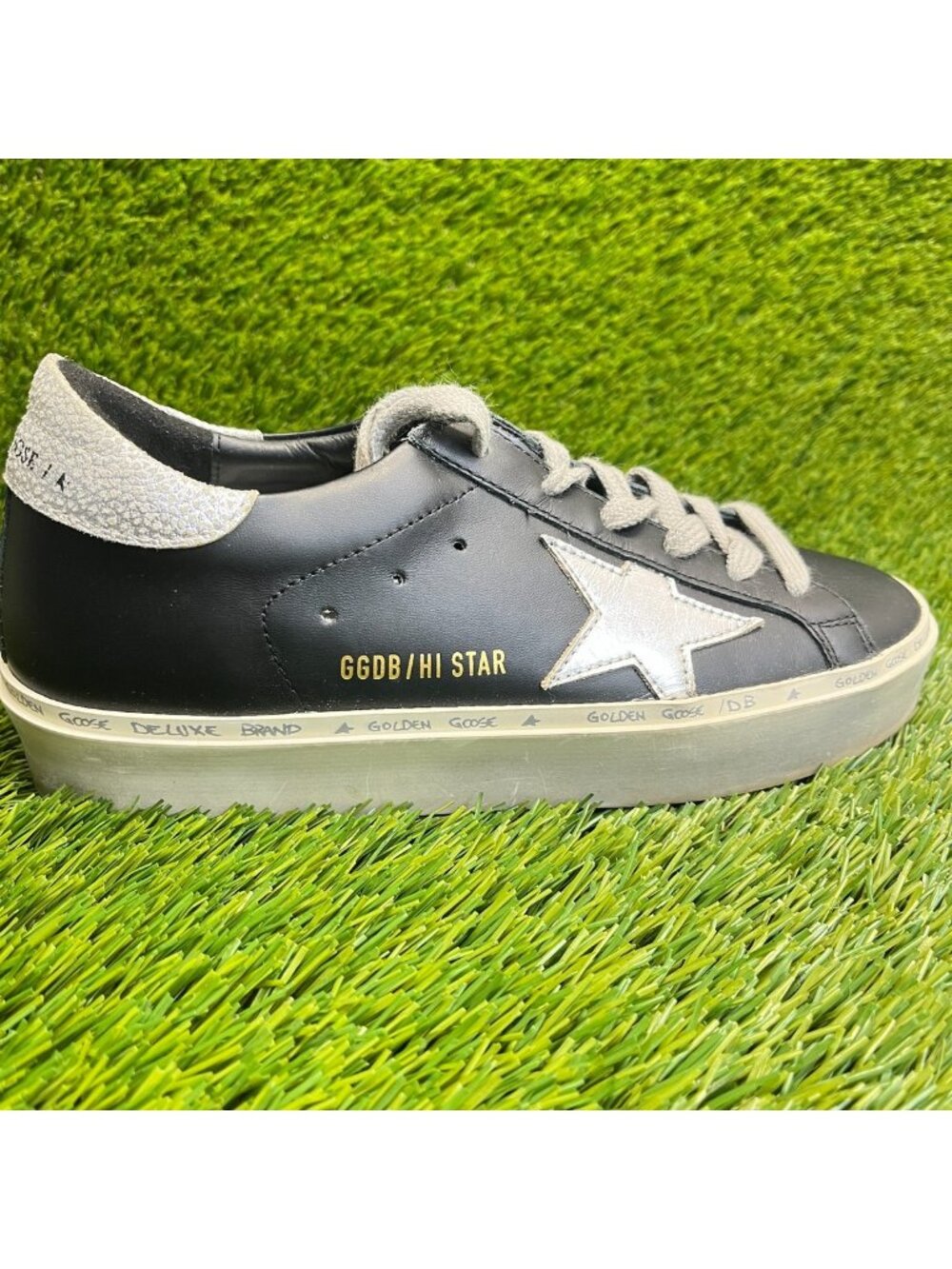 Golden Goose Hi Star Womens Size 7 Black Silver Athletic Leather Shoes Sneakers